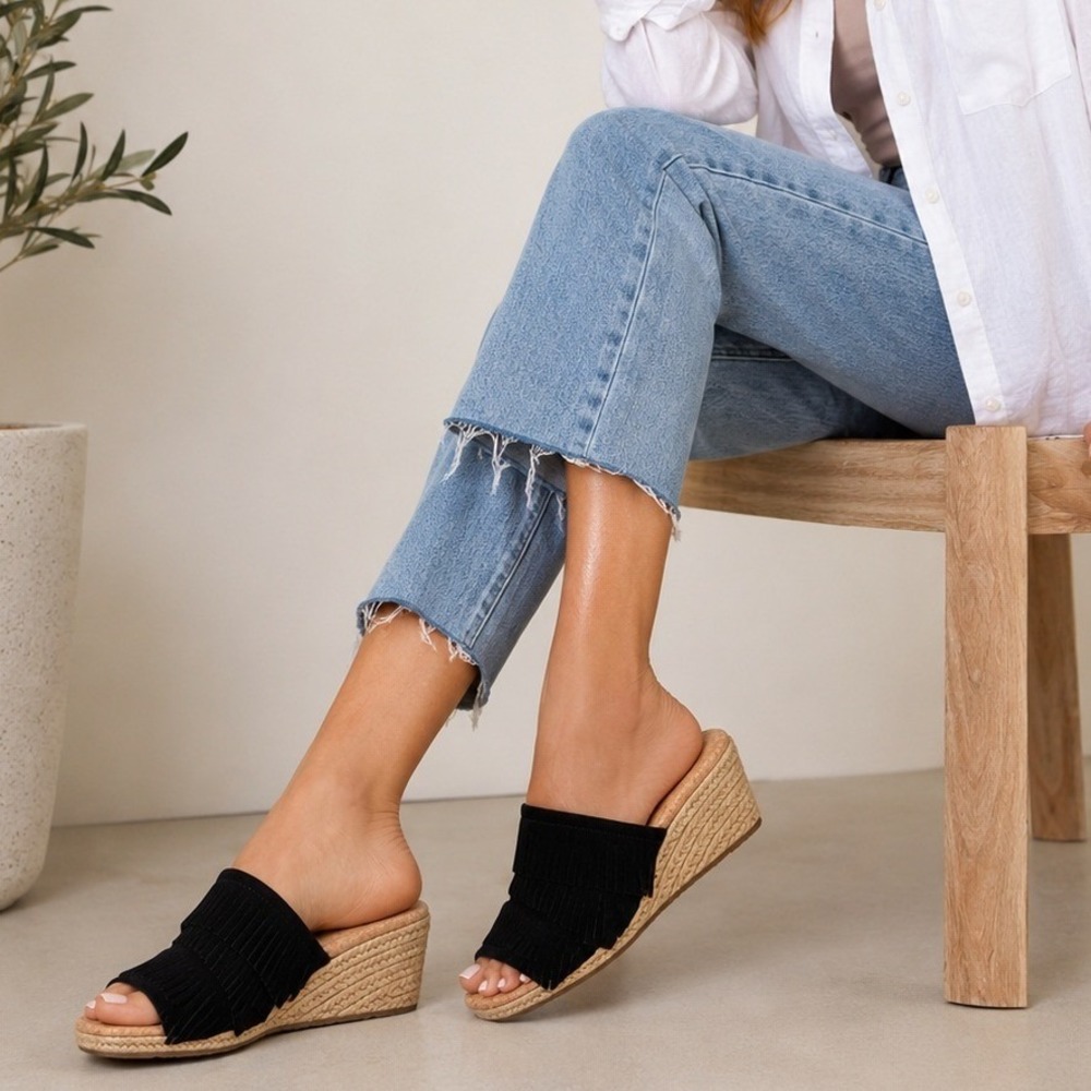UGG Kendra Fringe Wedge Sandal in Black - Picture 1 of 7